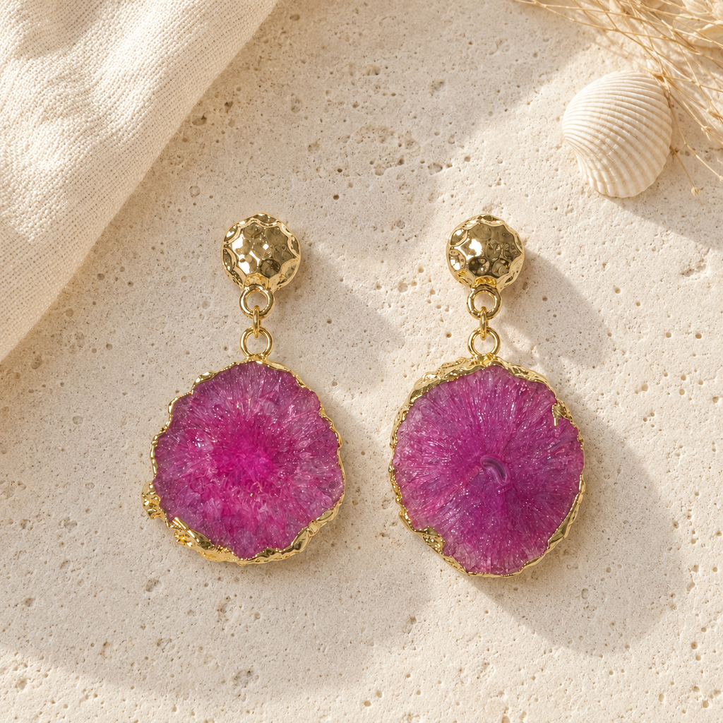 Fuchsia Current Pink Quartz Geode Earrings